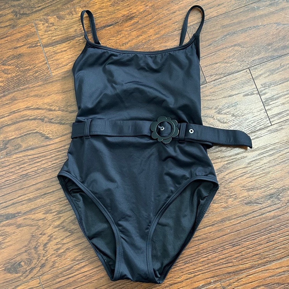 Kate Spade One Piece Swimsuit Women Black Belted Flower Buckle Retro